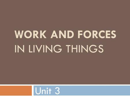 WORK AND FORCES IN LIVING THINGS Unit 3. Work The application of a force to an object and the object’s movement in the direction the force is applied.
