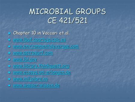 MICROBIAL GROUPS CE 421/521 Chapter 10 in Vaccari et.al. Chapter 10 in Vaccari et.al. www.ibuf.coartuja.csic.es www.ibuf.coartuja.csic.es www.ibuf.coartuja.csic.es.