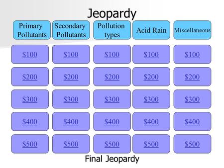 Jeopardy $100 Primary Pollutants Secondary Pollutants Pollution types Acid Rain Miscellaneous $200 $300 $400 $500 $400 $300 $200 $100 $500 $400 $300 $200.