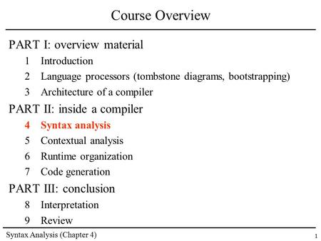 Syntax Analysis (Chapter 4) 1 Course Overview PART I: overview material 1Introduction 2Language processors (tombstone diagrams, bootstrapping) 3Architecture.