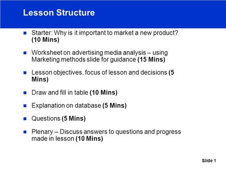 Slide 1 Lesson Structure Starter: Why is it important to market a new product? (10 Mins) Worksheet on advertising media analysis – using Marketing methods.
