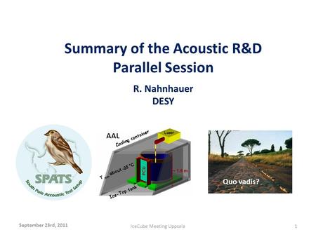 Summary of the Acoustic R&D Parallel Session R. Nahnhauer DESY September 23rd, 2011 IceCube Meeting Uppsala1 x AAL Quo vadis?