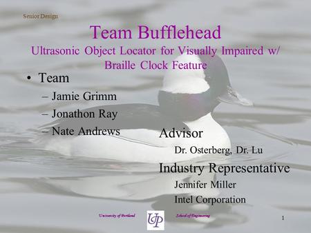 Senior Design 1 Team Bufflehead Ultrasonic Object Locator for Visually Impaired w/ Braille Clock Feature Team –Jamie Grimm –Jonathon Ray –Nate Andrews.