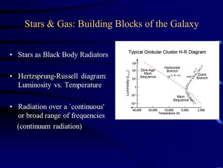 Stars & Gas: Building Blocks of the Galaxy Stars as Black Body Radiators Hertzsprung-Russell diagram: Luminosity vs. Temperature Radiation over a `continuous'