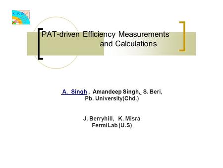 PAT-driven Efficiency Measurements and Calculations A. Singh, Amandeep Singh, S. Beri, Pb. University(Chd.)‏ J. Berryhill, K. Misra FermiLab (U.S)