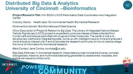 1 Distributed Big Data & Analytics University of Cincinnati –Bioinformatics Project/Research Title: NIH BD2K-LINCS Perturbation Data Coordination and Integration.
