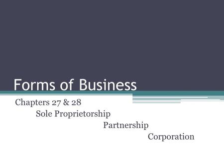 Forms of Business Chapters 27 & 28 Sole Proprietorship Partnership Corporation.