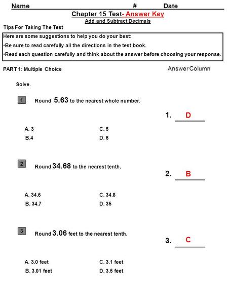 Chapter 15 Test- Answer Key Add and Subtract Decimals