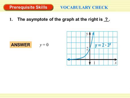 Prerequisite Skills VOCABULARY CHECK ANSWER y = 0 1. The asymptote of the graph at the right is ?.