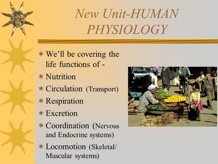 New Unit-HUMAN PHYSIOLOGY  We’ll be covering the life functions of -  Nutrition  Circulation (Transport)  Respiration  Excretion  Coordination (
