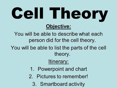 Cell Theory Objective: You will be able to describe what each person did for the cell theory. You will be able to list the parts of the cell theory. Itinerary: