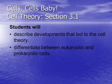 Cells, Cells Baby! Cell Theory: Section 3.1