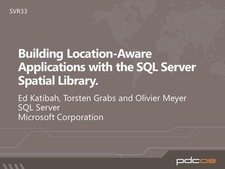 SQL Server 2008 Spatial Summary 2 Spatial Data Types (CLR UDT) Comprehensive set of Spatial Methods High Performance Spatial Indexes Spatial Library Sink/Builder.