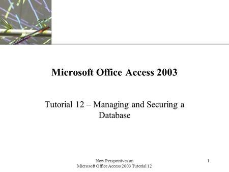 XP New Perspectives on Microsoft Office Access 2003 Tutorial 12 1 Microsoft Office Access 2003 Tutorial 12 – Managing and Securing a Database.