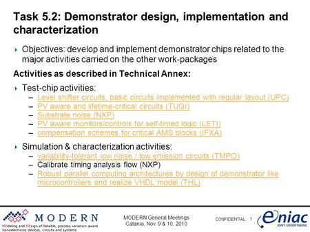 CONFIDENTIAL Task 5.2: Demonstrator design, implementation and characterization Objectives: develop and implement demonstrator chips related to the major.