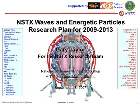 1 NSTX Wave-Particle 2009-2013 Plans Revision 2.3 9/10/07 Supported by Office of Science Culham Sci Ctr U St. Andrews York U Chubu U Fukui U Hiroshima.