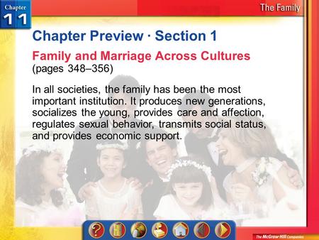 Chapter Preview 1 Chapter Preview · Section 1 Family and Marriage Across Cultures (pages 348–356) In all societies, the family has been the most important.