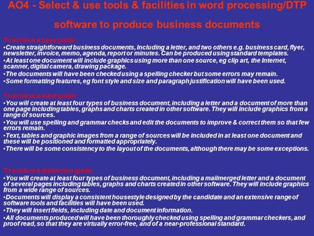 AO4 - Select & use tools & facilities in word processing/DTP software to produce business documents To achieve a pass grade: Create straightforward business.