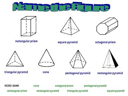 WORD BANK cone octagonal prism pentagonal pyramid rectangular prism rectangular pyramid triangular pyramid square pyramid rectangular prism square pyramid.