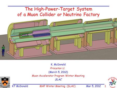 KT McDonald MAP Winter Meeting (SLAC) Mar 5, 2012 1 The High-Power-Target System of a Muon Collider or Neutrino Factory K. McDonald Princeton U. (March.