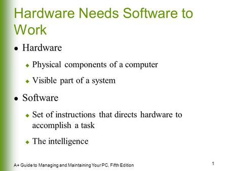 1 A+ Guide to Managing and Maintaining Your PC, Fifth Edition Hardware Needs Software to Work Hardware  Physical components of a computer  Visible part.