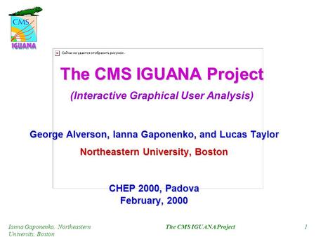 Ianna Gaponenko, Northeastern University, Boston The CMS IGUANA Project1 George Alverson, Ianna Gaponenko, and Lucas Taylor Northeastern University, Boston.