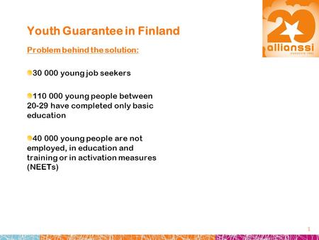 Problem behind the solution: 30 000 young job seekers 110 000 young people between 20-29 have completed only basic education 40 000 young people are not.