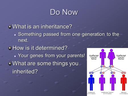 Do Now What is an inheritance? Something passed from one generation to the next. Something passed from one generation to the next. How is it determined?