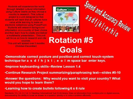 Rotation #5 Goals Students will experience the world through detailed cultural information using Culture Grams as they choose a country to research. This.