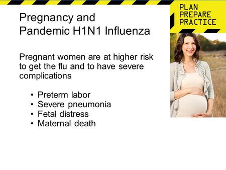 Pregnancy and Pandemic H1N1 Influenza Pregnant women are at higher risk to get the flu and to have severe complications Preterm labor Severe pneumonia.