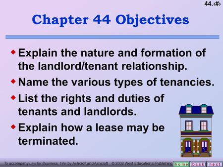 44.1 b a c kn e x t h o m e Chapter 44 Objectives  Explain the nature and formation of the landlord/tenant relationship.  Name the various types of tenancies.