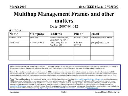 Doc.: IEEE 802.11-07/0550r0 Submission March 2007 Guenael Strutt, Motorola e.a.Slide 1 Multihop Management Frames and other matters Notice: This document.