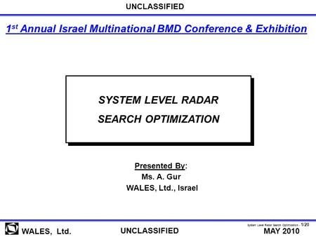 WALES, Ltd. System Level Radar Search Optimization - 1/20 MAY 2010 UNCLASSIFIED SYSTEM LEVEL RADAR SEARCH OPTIMIZATION SYSTEM LEVEL RADAR SEARCH OPTIMIZATION.