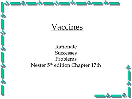 Vaccines Rationale Successes Problems Nester 5 th edition Chapter 17th.