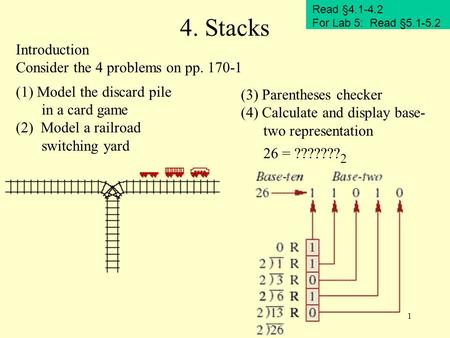 1 4. Stacks Introduction Consider the 4 problems on pp. 170-1 (1) Model the discard pile in a card game (2) Model a railroad switching yard (3) Parentheses.