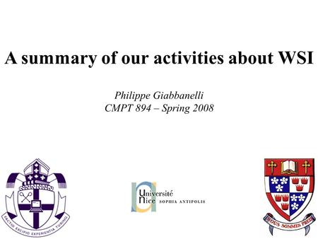 A summary of our activities about WSI Philippe Giabbanelli CMPT 894 – Spring 2008.