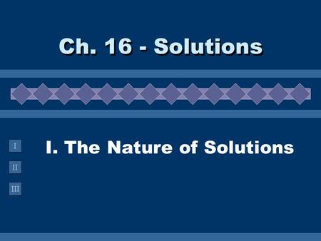 II III I I. The Nature of Solutions Ch. 16 - Solutions.
