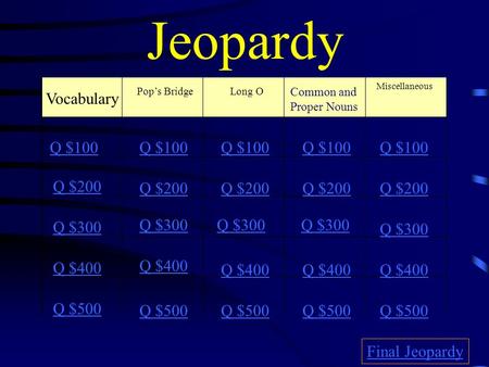 Jeopardy Vocabulary Pop’s BridgeLong O Miscellaneous Q $100 Q $200 Q $300 Q $400 Q $500 Q $100 Q $200 Q $300 Q $400 Q $500 Final Jeopardy Common and Proper.