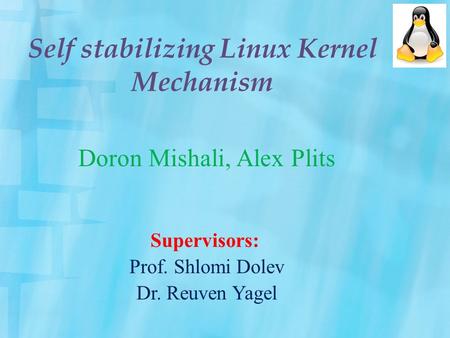 Self stabilizing Linux Kernel Mechanism Doron Mishali, Alex Plits Supervisors: Prof. Shlomi Dolev Dr. Reuven Yagel.
