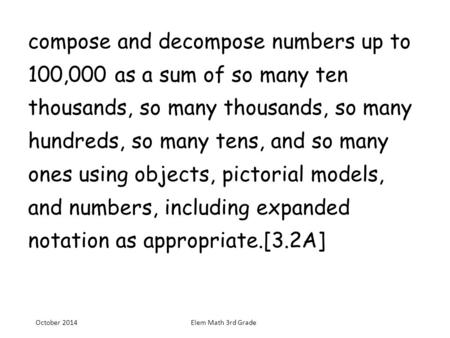 Compose and decompose numbers up to 100,000 as a sum of so many ten thousands, so many thousands, so many hundreds, so many tens, and so many ones.
