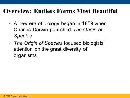 Overview: Endless Forms Most Beautiful A new era of biology began in 1859 when Charles Darwin published The Origin of Species The Origin of Species focused.