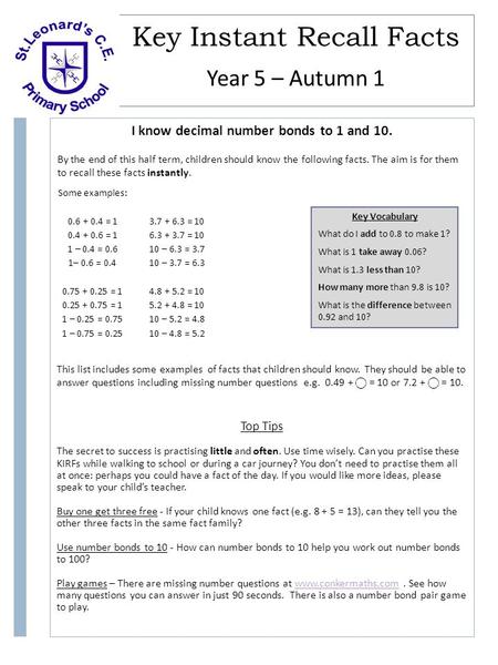 Key Instant Recall Facts By the end of this half term, children should know the following facts. The aim is for them to recall these facts instantly. Year.