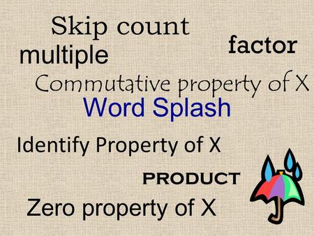 Skip count factor multiple Word Splash Commutative property of X