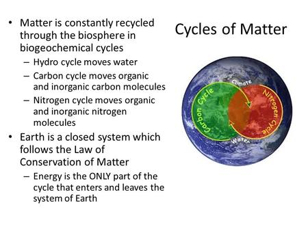 Cycles of Matter Matter is constantly recycled through the biosphere in biogeochemical cycles Hydro cycle moves water Carbon cycle moves organic and inorganic.