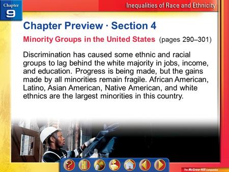 Chapter Preview 4 Chapter Preview · Section 4 Minority Groups in the United States (pages 290–301) Discrimination has caused some ethnic and racial groups.