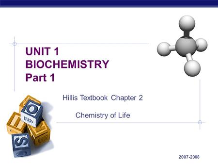AP Biology 2007-2008 UNIT 1 BIOCHEMISTRY Part 1 Hillis Textbook Chapter 2 Chemistry of Life.