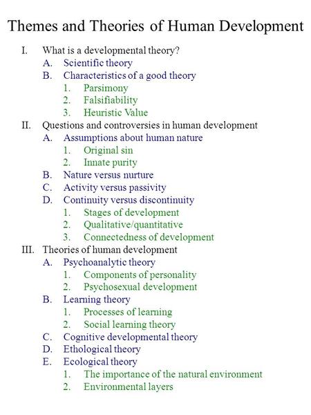 Themes and Theories of Human Development I.What is a developmental theory? A.Scientific theory B.Characteristics of a good theory 1.Parsimony 2.Falsifiability.