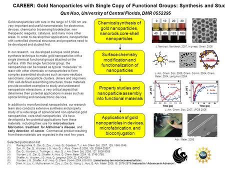 CAREER: Gold Nanoparticles with Single Copy of Functional Groups: Synthesis and Study Qun Huo, University of Central Florida, DMR 0552295 Chemical synthesis.