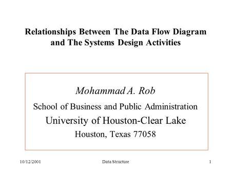 10/12/2001Data Structure1 Relationships Between The Data Flow Diagram and The Systems Design Activities Mohammad A. Rob School of Business and Public Administration.