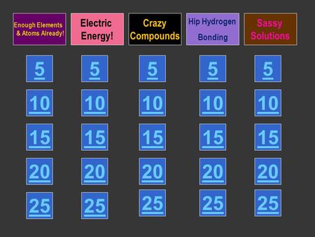 5 10 15 20 25 Enough Elements & Atoms Already! Electric Energy! Crazy Compounds Hip Hydrogen Bonding Sassy Solutions 5 10 15 20 25 5 10 15 20 25 5 10 15.